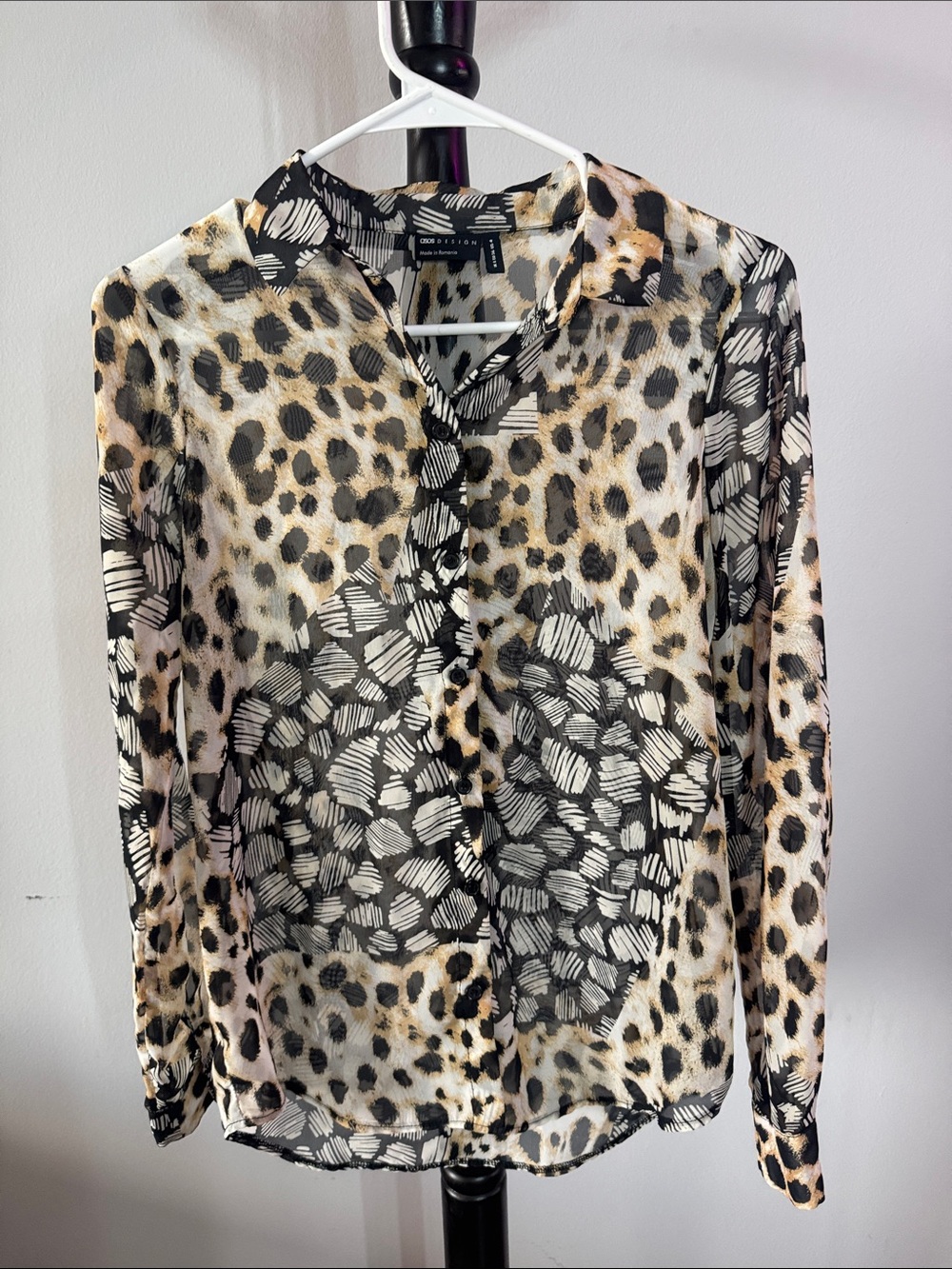 Atmosphere Mixed Leopard Print Sheer Button-Up Blouse in Beige and Black 4.1T